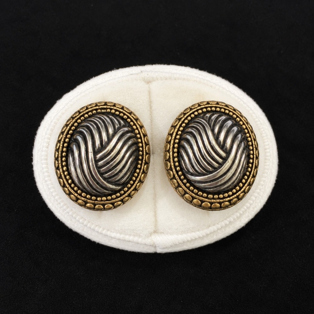 Vtg Oval Clip On Earrings Mixed Metal Gold Silver Tone Textured Swirl Statement